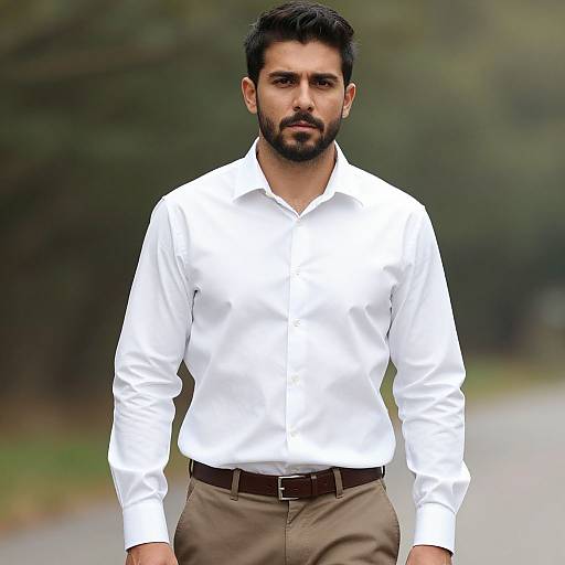 Photograph of a handsome, bearded man with dark hair, wearing a white button-up shirt and beige pants, standing on a blurred outdoor path.
