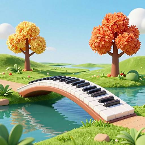 Digital artwork of a colorful, piano-key bridge arching over a serene blue stream, with vibrant autumn trees and green hills.