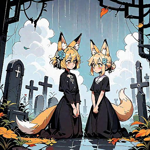 Fox Girl Praying in Ruined Graveyard