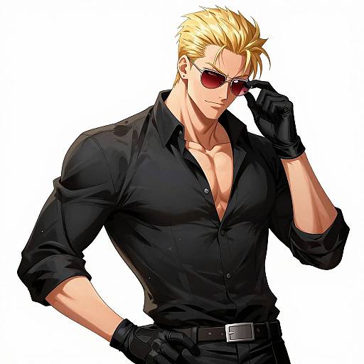 Digital anime-style drawing of a muscular, blonde man with sunglasses, black shirt, gloves, and belt, confidently adjusting his sunglasses.