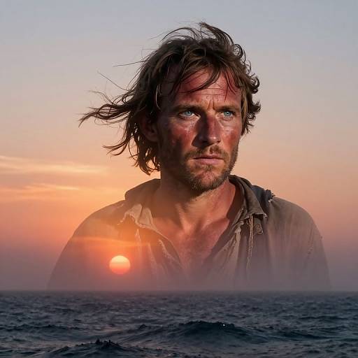 Photograph of a rugged, wind-swept man with blue eyes and tousled brown hair, standing in ocean waves at sunset, with the sun