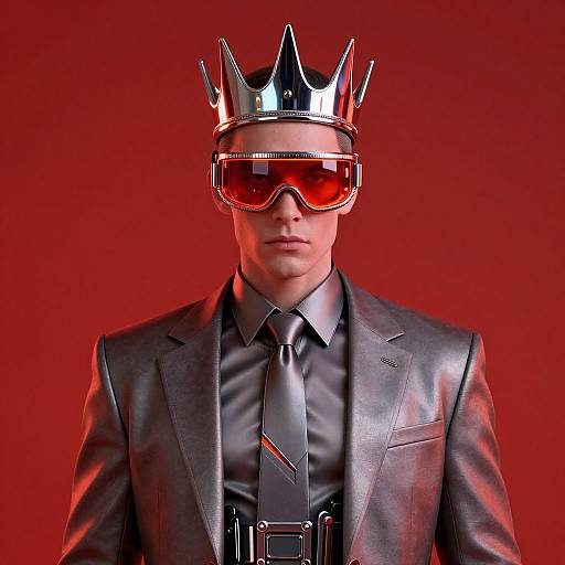 Photograph of a man in a shiny black leather suit, black shirt, and tie, wearing a metallic crown and red-tinted goggles, against