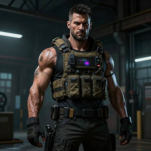 Photograph of a muscular, bearded man with short dark hair, wearing tactical gear, black gloves, and a vest with a glowing purple light,