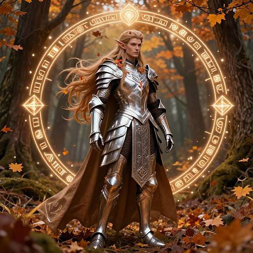 Photorealistic digital art of an elven warrior in shiny silver armor, standing in a forest with autumn leaves, surrounded by a glowing magical circle.