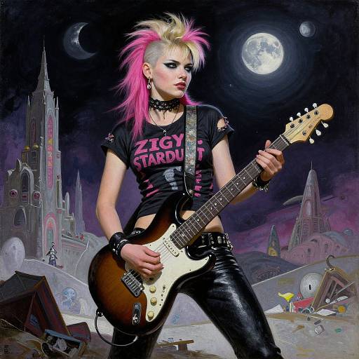 Digital artwork of a punk rock woman with pink mohawk, black choker, 