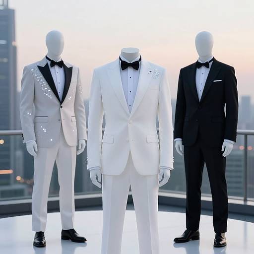 Photograph of three faceless mannequins in formal suits: left in white with black bow tie, middle in white with black bow tie,