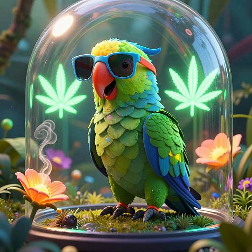 Vibrant parrot with blue-green feathers, yellow head, and black sunglasses inside a glass dome, surrounded by glowing green marijuana leaves and colorful flowers