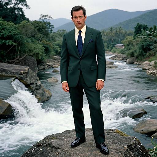 Photograph of a serious, dark-haired man in a black suit with a white shirt and black tie, standing on a rock in front of a rushing