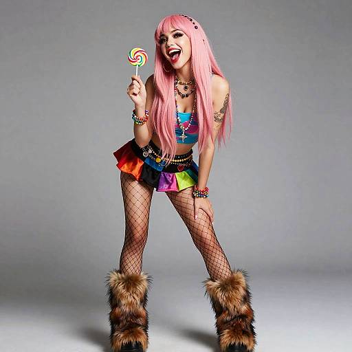 Photograph of a woman with pink hair, colorful crop top, rainbow skirt, fishnet stockings, fur boots, holding a candy cane, against a