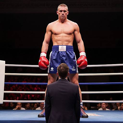 Photograph of a muscular, shirtless male boxer with red gloves and blue shorts standing in a boxing ring, facing forward, with a referee kneeling in