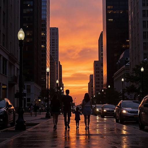 Photograph of a city street at sunset, silhouetting a family with a stroller, surrounded by parked cars and tall buildings, with a vibrant