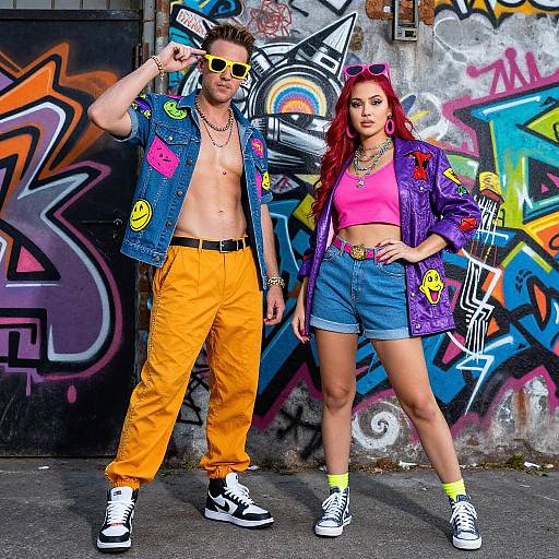 Photograph of a shirtless, muscular man in yellow pants and denim jacket, and a red-haired woman in pink crop top and denim shorts, standing