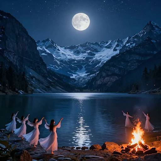 Photograph of five women in white flowing dresses dancing around a campfire by a moonlit mountain lake, with a full moon and snow-capped peaks