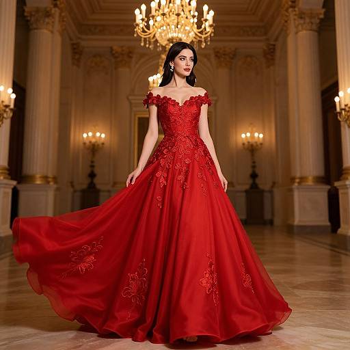 Photograph of a woman with dark hair in an off-shoulder, red, floral-embroidered ball gown, standing in an opulent