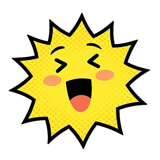 Colorful, cartoon-style sun with yellow, dotted surface, black outline, smiling with closed eyes and open mouth, pink cheeks. Digital illustration.