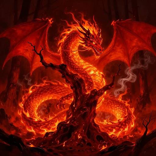 Digital painting of a fiery, red-orange dragon with glowing scales, large wings, and intense eyes, coiled around a burning, twisted tree, with