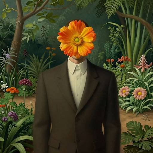 Photorealistic digital art: A headless man in a black suit with an orange daisy for a head stands in a lush, colorful garden.