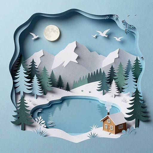 Paper Cut Rocky Mountain Lake Scene