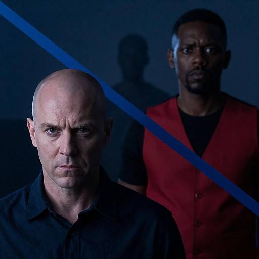 Two men in blue-lit room with geometric overlay