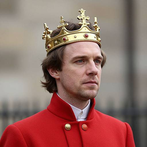 Photograph of a white man with brown hair wearing a gold crown and red coat, looking serious, against a blurred outdoor background.