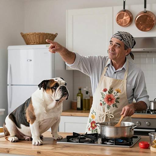 Cheerful Cooking Scene with Bulldog Companion