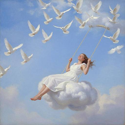 Dreamy photograph of a woman in a white dress swinging on a cloud, surrounded by white doves against a bright blue sky.