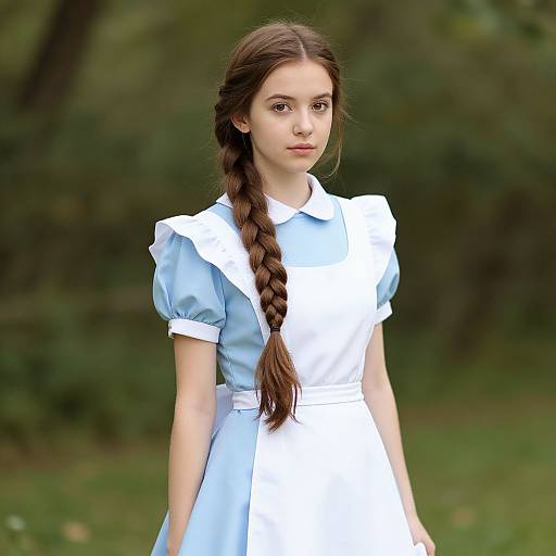 Photograph of a young woman with fair skin, brown braided hair, wearing a light blue and white pinafore dress, standing in a green