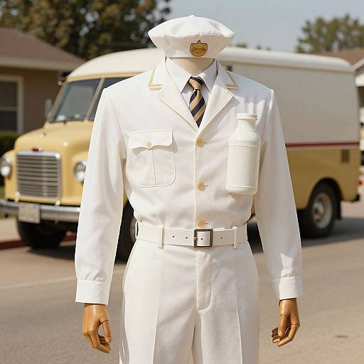 Photograph of a lifeless mannequin in a white naval uniform with a peaked cap, standing on a sunny street with a vintage truck and beige