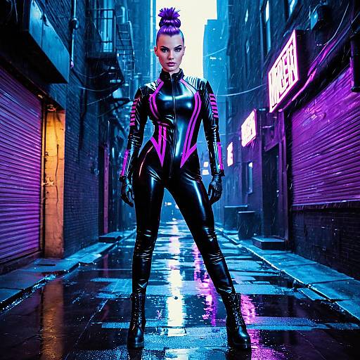 Synthwave Mercenary Woman in Neon Alley