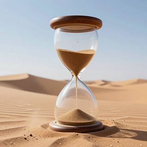 Photograph of a clear glass hourglass with wooden lid, set on a sandy desert, sunlight casting shadows, blue sky background.