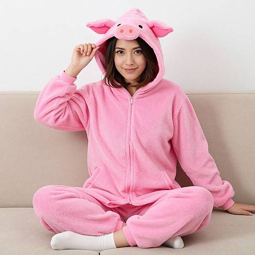 Photograph of a young woman with fair skin and dark brown hair, sitting cross-legged on a beige sofa, wearing a pink pig-themed fleece onesie