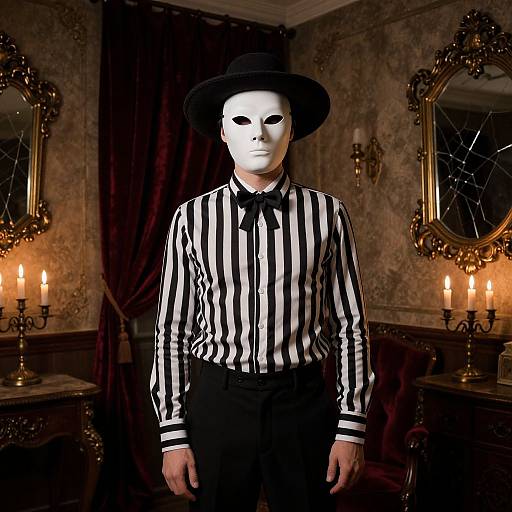 Photograph of a man in a white mask, black hat, and black-and-white striped shirt, standing in a dimly lit, vintage room with