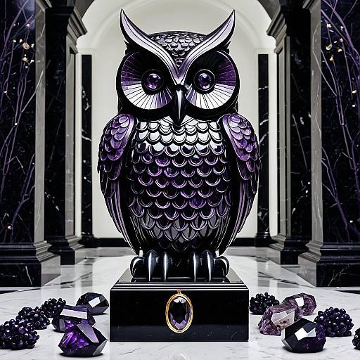 Enchanted Obsidian Owl with Amethyst Clusters
