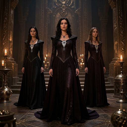 Three women in gothic black gowns with intricate designs and high collars stand in a dimly lit, candle-lit, ornate hall.