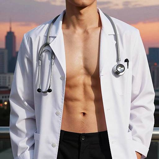 Photograph of a muscular, shirtless man wearing an open white lab coat with a stethoscope, standing against a sunset city skyline.