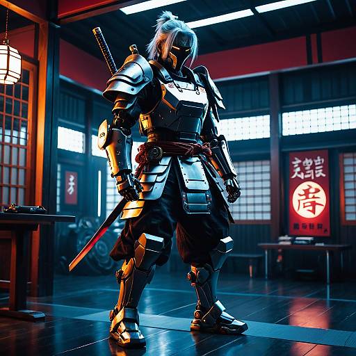 Futuristic Robotic Samurai in Dojo