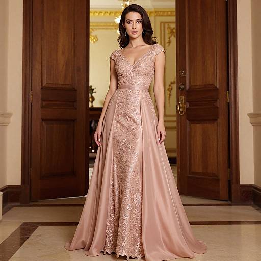 Photograph of a dark-haired woman in a floor-length, pink, lace-embellished gown with a deep V-neck, standing in a grand