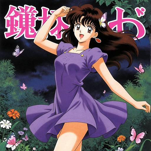 Anime-style drawing of a smiling woman with long brown hair, wearing a purple dress, dancing in a lush, night-time garden with butterflies and colorful flowers