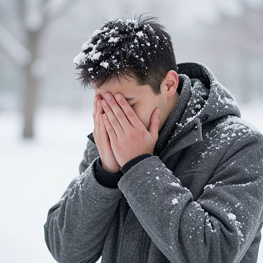 Photograph of a young Asian man with short black hair, covering his face with snow-covered hands, wearing a grey winter jacket, standing in a snowy