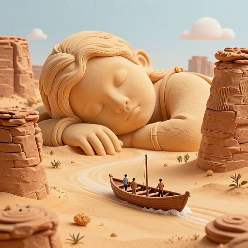CGI image of a giant sleeping woman with closed eyes, sandy desert landscape, and tiny people rowing a boat in the foreground.