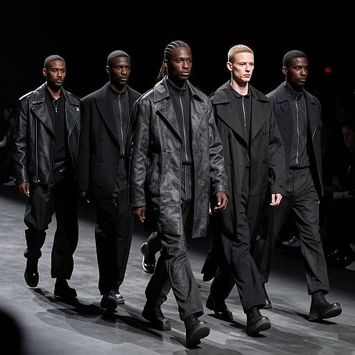 Photograph of five black male models walking a dark, minimalist runway in black leather jackets and coats, with serious expressions.