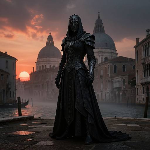 Photograph of a hooded, armored figure with a masked face standing in a foggy, sunset-lit Venetian canal, with domed