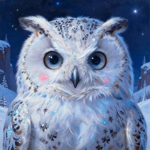 Digital painting of a glowing, detailed white owl with large blue eyes, surrounded by a snow-covered forest at night. Starry sky and twinkling lights