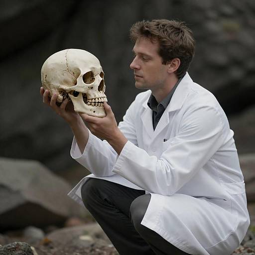 Scientist Examining Human Skull Outdoors