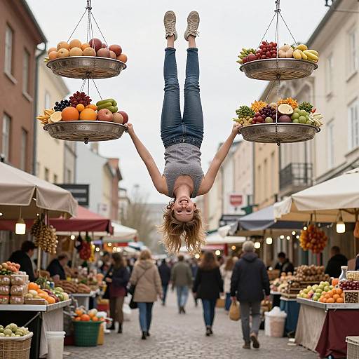 Photograph of a smiling woman with blonde hair, upside down, hanging by wrists from two fruit baskets, in a busy outdoor market street.