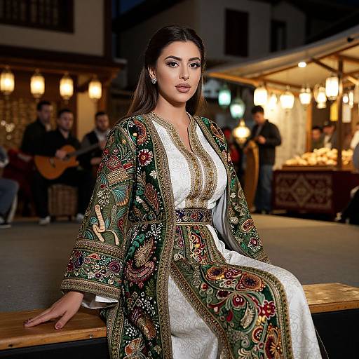Photograph of a beautiful woman with long brown hair, wearing an elaborate, embroidered green and gold traditional dress, sitting on a wooden bench in a warmly