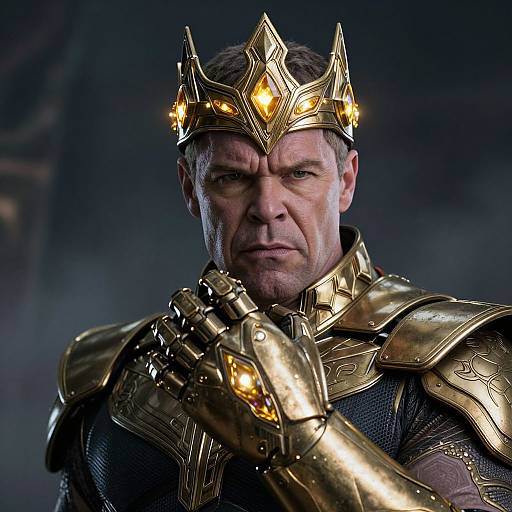 Photograph of a middle-aged man with a stern expression, wearing a golden crown adorned with glowing jewels and matching golden armor, set against a dark,