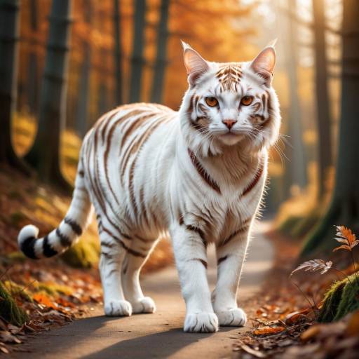 Photorealistic White Cat in Autumn Forest