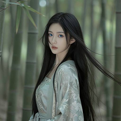 Photograph of an East Asian woman with long black hair, blue eyes, wearing a silver lace dress, standing in a bamboo forest.