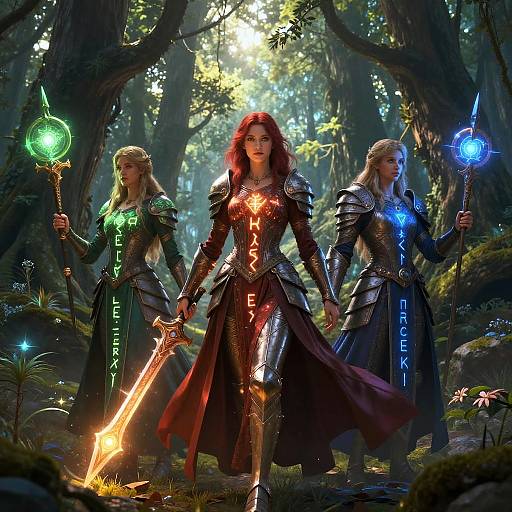 Fantasy forest scene with three armored women with glowing magical runes and staffs, one with red hair holding a glowing sword. Digital art.